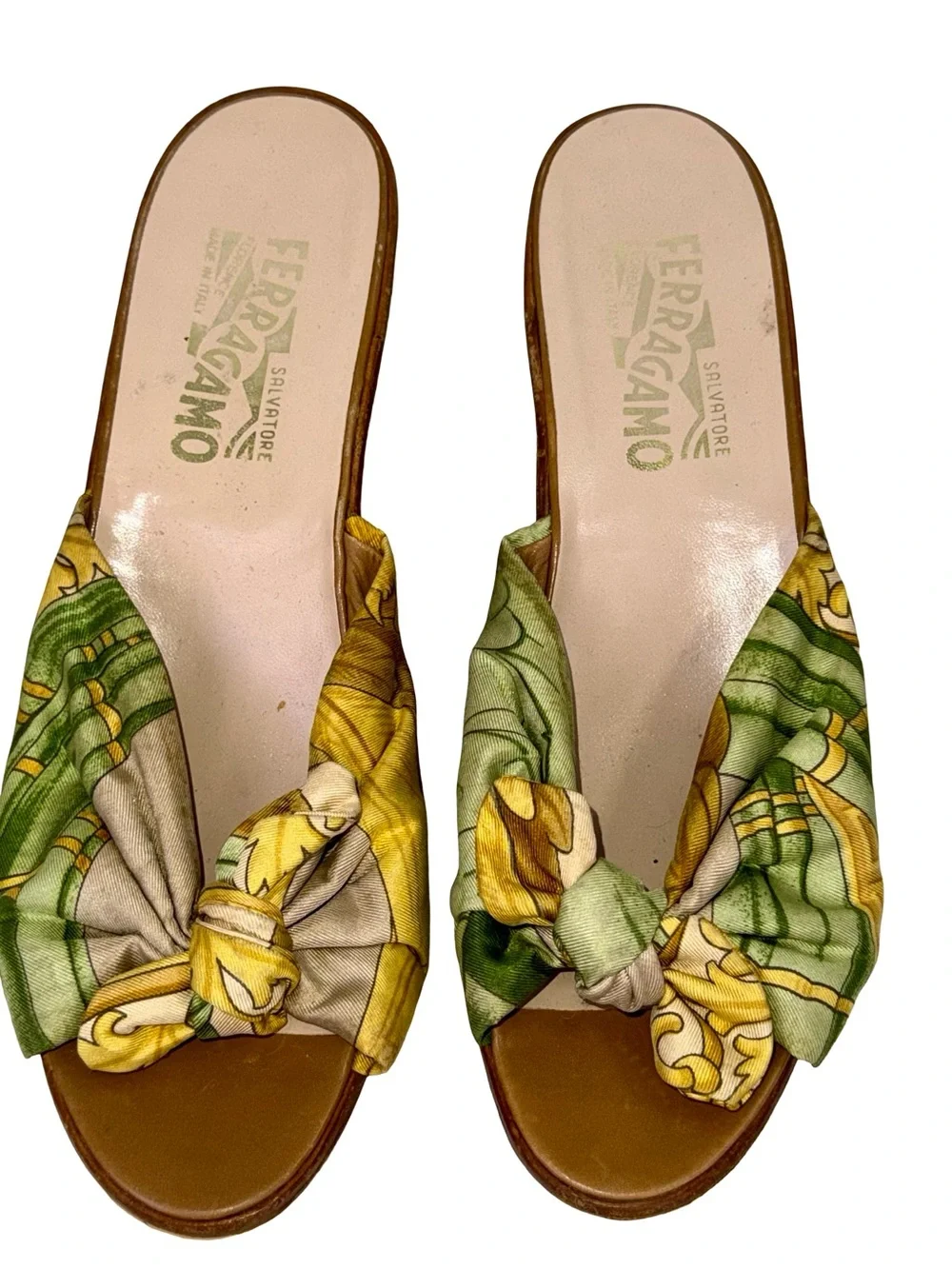 FERRAGAMO SILK SCARF WEDGE SANDALS